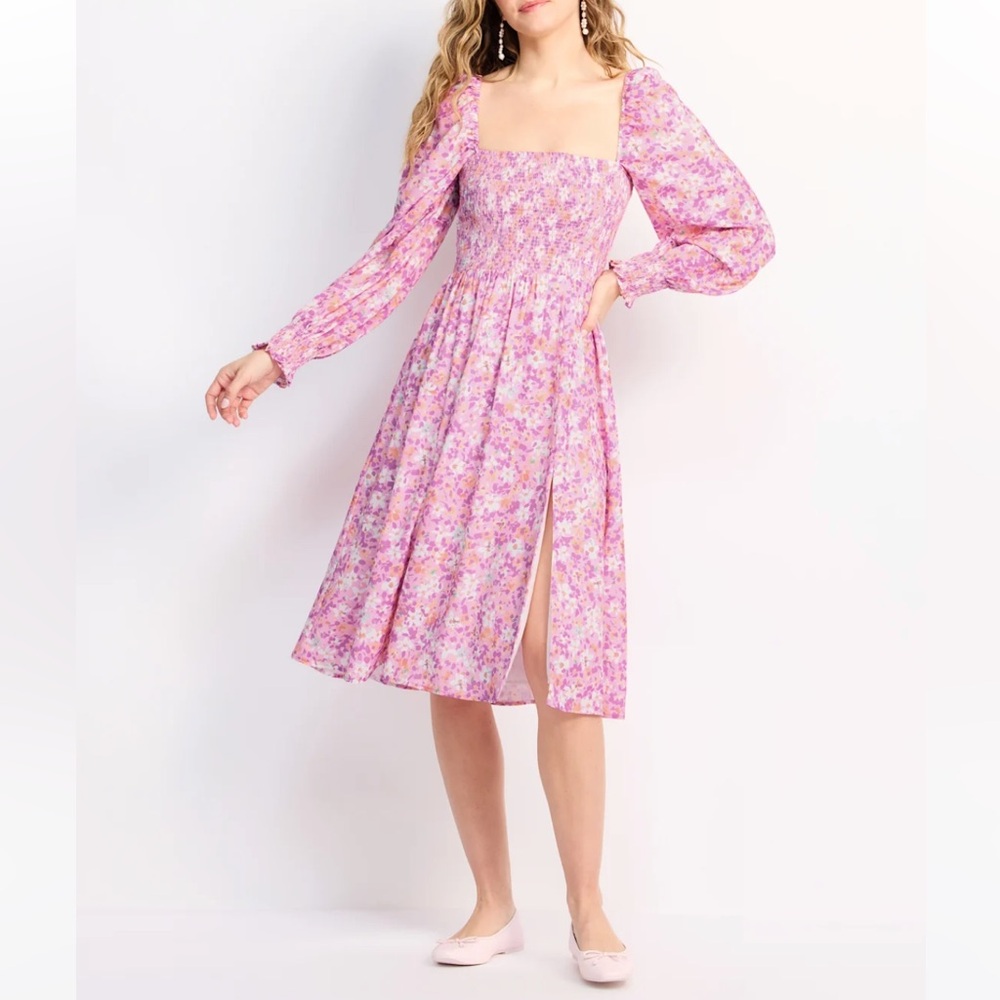 Few Moda Classic Smocked Pink Floral Midi Dress Medium